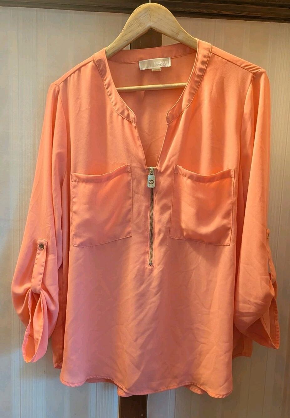 Michael Kors Quarter Zip Blouse Women's XL Shirt Peach Quarter Zip Top